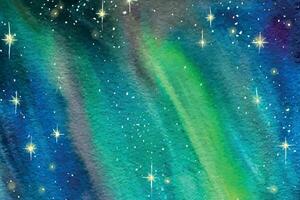 Watercolor background with the image of the magical night sky and the northern lights. With stars. vector