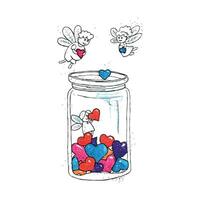 Watercolor illustration with graphics glass jar with angels and hearts. vector
