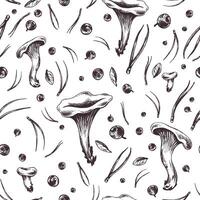 Edible forest mushrooms chanterelles with blueberries, leaves, fir needles. Graphic illustration, hand drawn with brown ink, line art monochrome. Seamless pattern, simple. vector