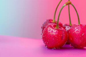 vibrant cherries with glistening water droplets isolated on a gradient background photo