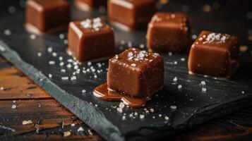 gastrónomo salado caramelo chocolates en un oscuro pizarra junta, artesanal postre preparar foto