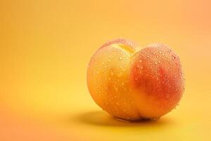 single peach with water drops isolated on a warm yellow gradient background photo