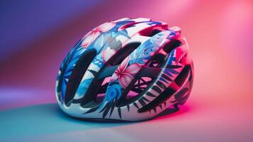 stylish bicycle helmet with floral design, isolated on a gradient background photo