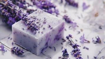 handcrafted lavender soap on white background photo