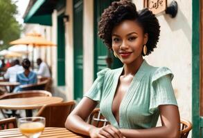 Attractive African American woman enjoying her time at a sidewalk cafe on a sunny day, suitable for lifestyle themes and International Womens Day photo