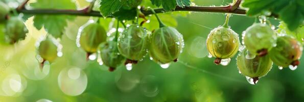 dew covered gooseberries on a vine, close up with a soft green background photo