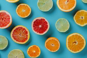 overhead layout of various citrus slices on a blue background, colorful and refreshing photo