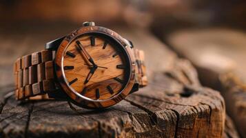 handcrafted wooden watch on a rustic table, focus on intricate grain details photo