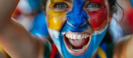 alegre mujer con cara pintado en vibrante colores, celebrando holi festival, expresando felicidad y cultural diversidad foto