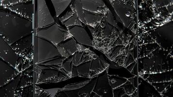 cracked smartphone screen isolated on a black background, technology failure photo