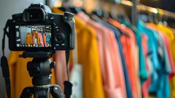 digital cámara en trípode capturar vibrante ropa en perchas, ideal para Moda blogging y Al por menor márketing durante negro viernes ventas foto