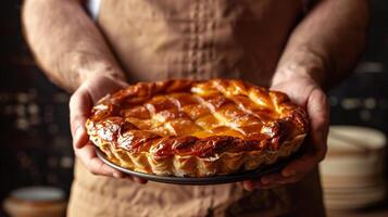 Person in apron presenting homemade golden brown lattice pie, perfect for Thanksgiving or autumn harvest themes, embodying cozy seasonal baking concepts photo