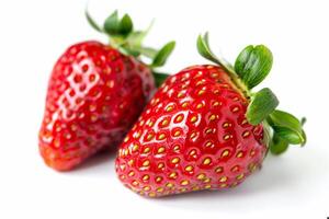 couple of vibrant red strawberries isolated on a white background photo