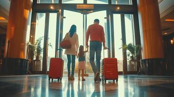 Backlit silhouette of a family with luggage walking through a hotel lobby, conceptually representing vacations, family travel, or summer holidays photo