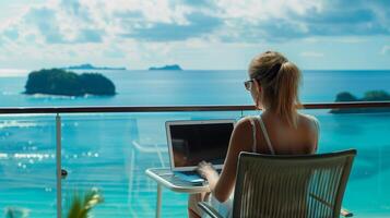 adulto mujer trabajando remotamente en un ordenador portátil a un tropical recurso con mar vista, simbolizando digital nómada estilo de vida y mundo telecomunicación día foto