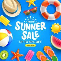 Colorful Summer Sale Banner with Sunglasses, Watermelon, Ice Cream, and Beach Ball, Vibrant Summer Sale Advertisement with Beach Accessories and Fruits. illustration eps 10 vector