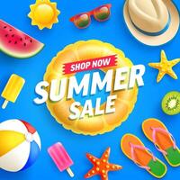 Colorful Summer Sale Banner with Sunglasses, Watermelon, Ice Cream, and Beach Ball, Vibrant Summer Sale Advertisement with Beach Accessories and Fruits. illustration eps 10 vector