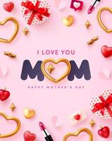 Mother's day banner with MOM word and golden cute heart and love and cute elements on pink background.Poster or banner template for Love Mom and Mother's day concept. illustration eps 10 vector