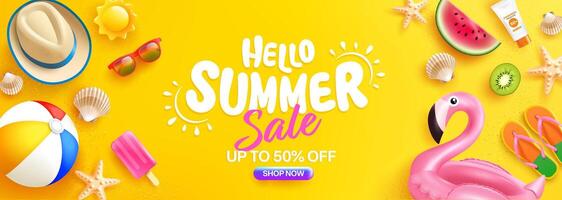 Colorful Summer Sale Banner or Poster template with Hat,Sunglasses, Watermelon, Ice Cream, Beach and Tropical Elements, Vibrant Summer Sale Advertisement. vector