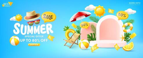 Summer Sale Poster or Banner template featuring a tropical beach scene with sun and party elements.Product display,Tropical summer scene, Perfect for promoting your summer products on blue background vector