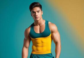 Fit young Asian man in athletic wear striking a confident pose, ideal for fitness, health, and personal training concepts photo