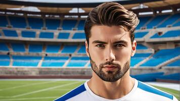 Handsome caucasian male athlete in soccer jersey standing confidently in an empty stadium, concept related to sports events and International Day of Sport photo