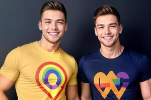 dos sonriente joven hombres en vistoso t camisas con arco iris orgullo símbolos, representando lgbtq apoyo y diversidad, adecuado para orgullo mes o inclusividad conceptos foto