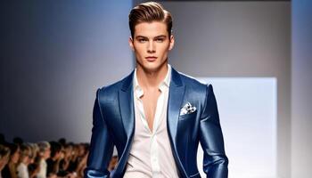 caucásico masculino modelo pavoneo en un pista en un elegante azul traje, encarnando moda, elegancia, y de los hombres Moda semana foto