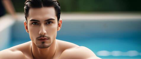 hermoso joven hombre con un elegante Corte de pelo posando por un nadando piscina, ideal para verano ocio y vacaciones temas foto