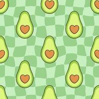 Groovy distorted chessboard background with avocado fruit and check vector