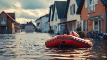 rescue boat in a submerged neighborhood, dramatic rescue operation photo