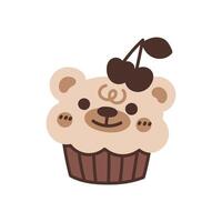 Bear cupcake. Sweet chocolate muffin. Choco dessert decorated cherry berries vector