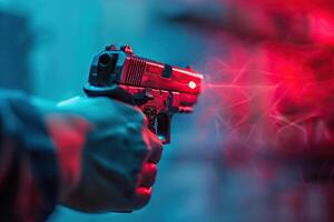 en tema de hombre con pistola en poderoso masculino mano objetivos rojo láser visión a el objetivo foto