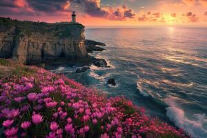 on theme of large retro lighthouse with beam of bright light shining out to blue sea photo