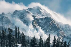 on theme of descent of an huge avalanche from the mountain, winter nature landscape photo