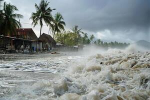 on theme of a scary tsunami with huge foamy wave, apocalyptic dramatic background photo