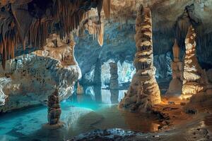 on theme of a large beautiful sharp stalactites hanging down from deep mountain cave photo