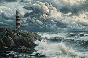 on theme of large retro lighthouse with beam of bright light shining out to blue sea photo