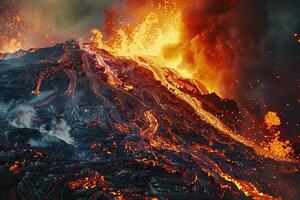 on theme of erupting volcano with cascading hot lava surrounded thick white smoke photo