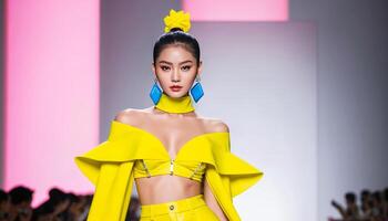 asiático hembra modelo en pista presentación un vibrante amarillo de moda atuendo con negrita azul pendientes, adecuado para verano tendencias y Moda semanas foto