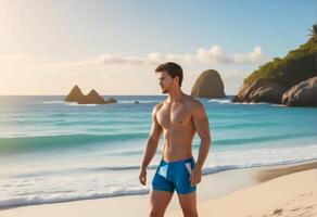 ajuste joven hombre en trajes de baño en pie en un tropical playa a amanecer, evocando conceptos de verano vacaciones, aptitud física, y relajación foto