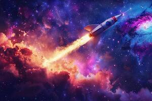on theme of beautiful space rocket in sky, bright meteorites glow in atmosphere photo