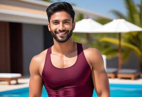 Smiling South Asian man in swimwear enjoying luxury summer resort, ideal for travel and holiday themed content photo