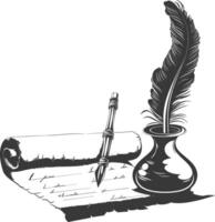 Silhouette Scroll paper and quill in inkwell black color only vector