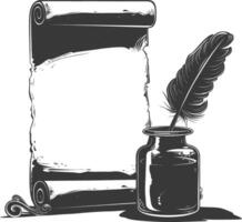 Silhouette Scroll paper and quill in inkwell black color only vector