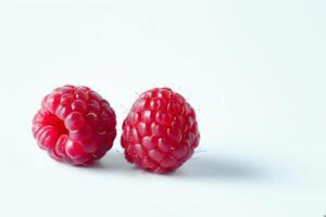 two ripe raspberries in sharp focus, contrasting against a white background photo