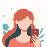 Flat illustration of woman using smartphone. Isolated on floral background. vector