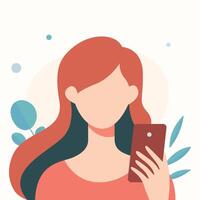 plano ilustración de mujer utilizando teléfono inteligente aislado en floral antecedentes. vector