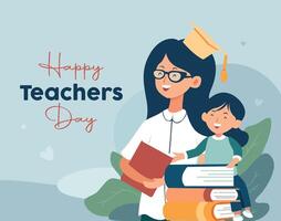 Happy teacher's day illustration. Teacher and student with lots of books. vector