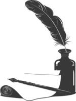 Silhouette Scroll paper and quill in inkwell black color only vector